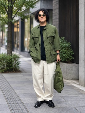 「MILITARY（ミリタリー）のアイテム（ミリタリージャケット、グリーン系）」を使った、sunrisesea⭐︎文左衛門さん（メンズ・172cm）の秋コーディネート