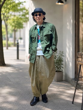 「MILITARY（ミリタリー）のアイテム（ミリタリージャケット、グリーン系）」を使った、sunrisesea⭐︎文左衛門さん（メンズ・172cm）の夏コーディネート