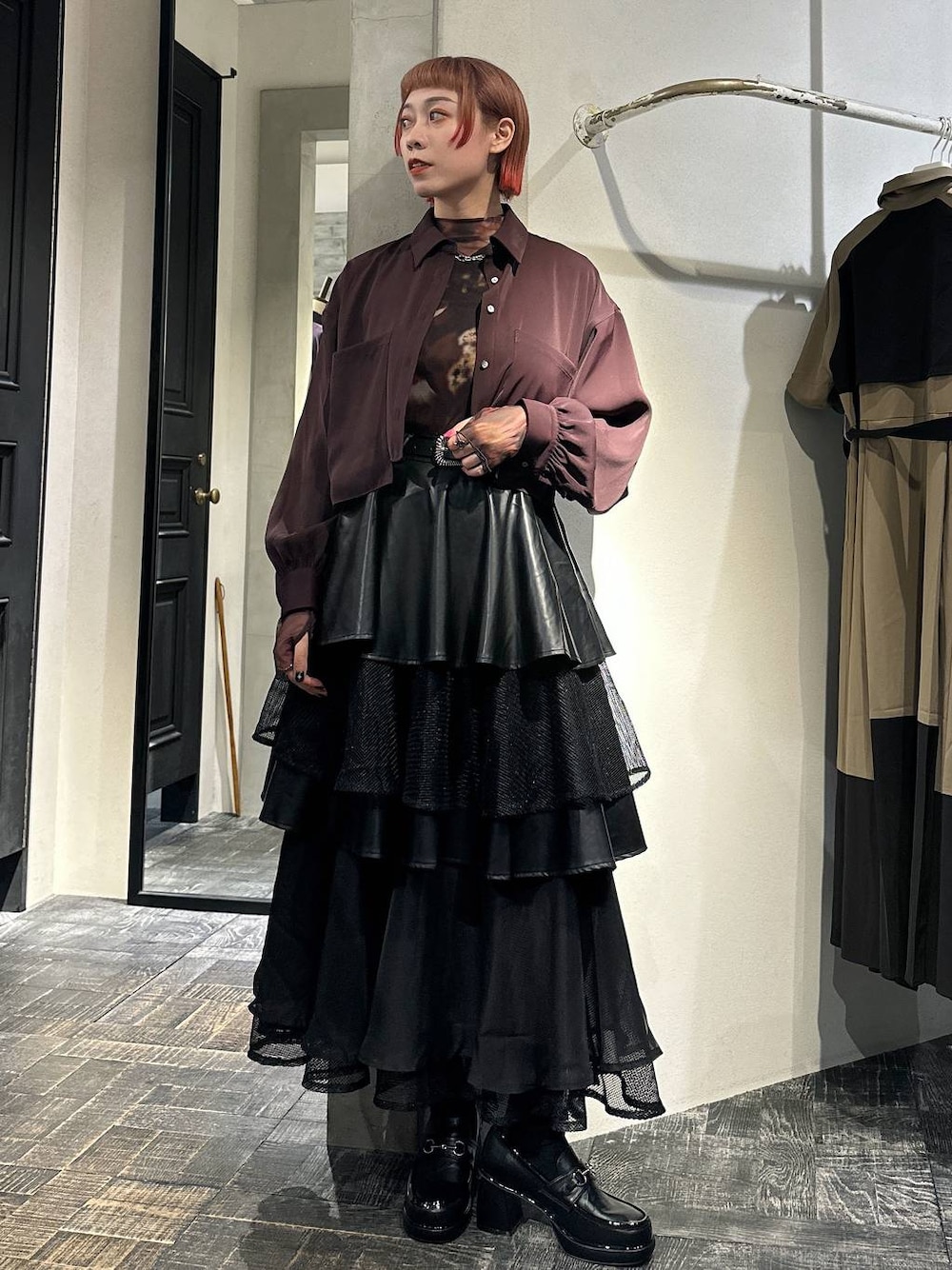 HARE ハレ フェイクレザーシアーティアードスカート ロングスカート ブラック セール】フェイクレザーシアーティアードスカート(HARE