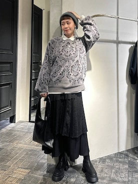「HARE（ハレ）のダマスクガラモールニットプルオーバー(HARE)（ニット/セーター）」を使った、HARE / 瑜ユイさん（レディース・165cm）の冬コーディネート
