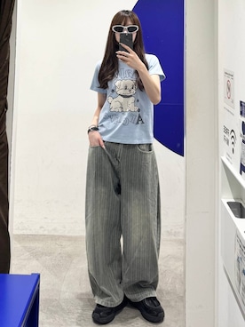 「3.3 Field Trip （3.3フィールドトリップ）の3.3 Field Trip／ストライプデニムパンツ（デニムパンツ、ブルー系）」を使った、kitunesandayoさん（レディース・167cm）の夏コーディネート