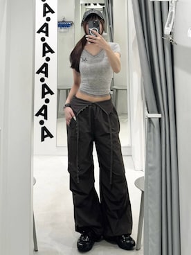 「MUCENT（ムセント）の★K-POPアイドル着用 MUCENT／レースVネックT（Tシャツ/カットソー、グレー系）」を使った、kitunesandayoさん（レディース・167cm）の夏コーディネート