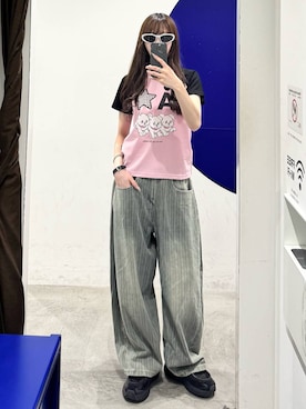 「3.3 Field Trip （3.3フィールドトリップ）の3.3 Field Trip／ストライプデニムパンツ（デニムパンツ、ブルー系）」を使った、kitunesandayoさん（レディース・167cm）の夏コーディネート