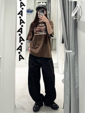 「HOODHOOD（フッドフッド）の【UNISEX】HOODHOOD／STRESSリンガーTシャツ（Tシャツ/カットソー、ブラウン系）」を使った、kitunesandayoさん（レディース・167cm）の夏コーディネート