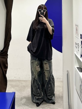 「LAND MUSEUM（ランドミュージアム）のLAND MUSEUM／グランジワイドデニム（デニムパンツ、ブルー系）」を使った、kitunesandayoさん（レディース・167cm）の春コーディネート
