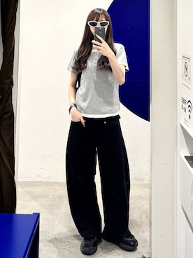 「LAND MUSEUM（ランドミュージアム）のLAND MUSEUM／バギーラインスウェットパンツ（スウェットパンツ、ブラック系）」を使った、kitunesandayoさん（レディース・167cm）の夏コーディネート