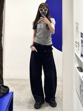「LAND MUSEUM（ランドミュージアム）のLAND MUSEUM／バギーラインスウェットパンツ（スウェットパンツ、ブラック系）」を使った、kitunesandayoさん（レディース・167cm）の夏コーディネート