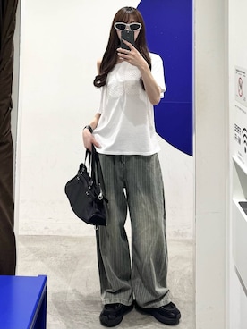 「3.3 Field Trip （3.3フィールドトリップ）の3.3 Field Trip／ストライプデニムパンツ（デニムパンツ、ブルー系）」を使った、kitunesandayoさん（レディース・167cm）の夏コーディネート