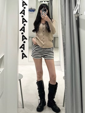 「3.3 Field Trip （3.3フィールドトリップ）の【セットアップ着用可能】3.3 Field Trip／ボーダーショートパンツ（その他パンツ、ベージュ系）」を使った、kitunesandayoさん（レディース・167cm）の秋コーディネート