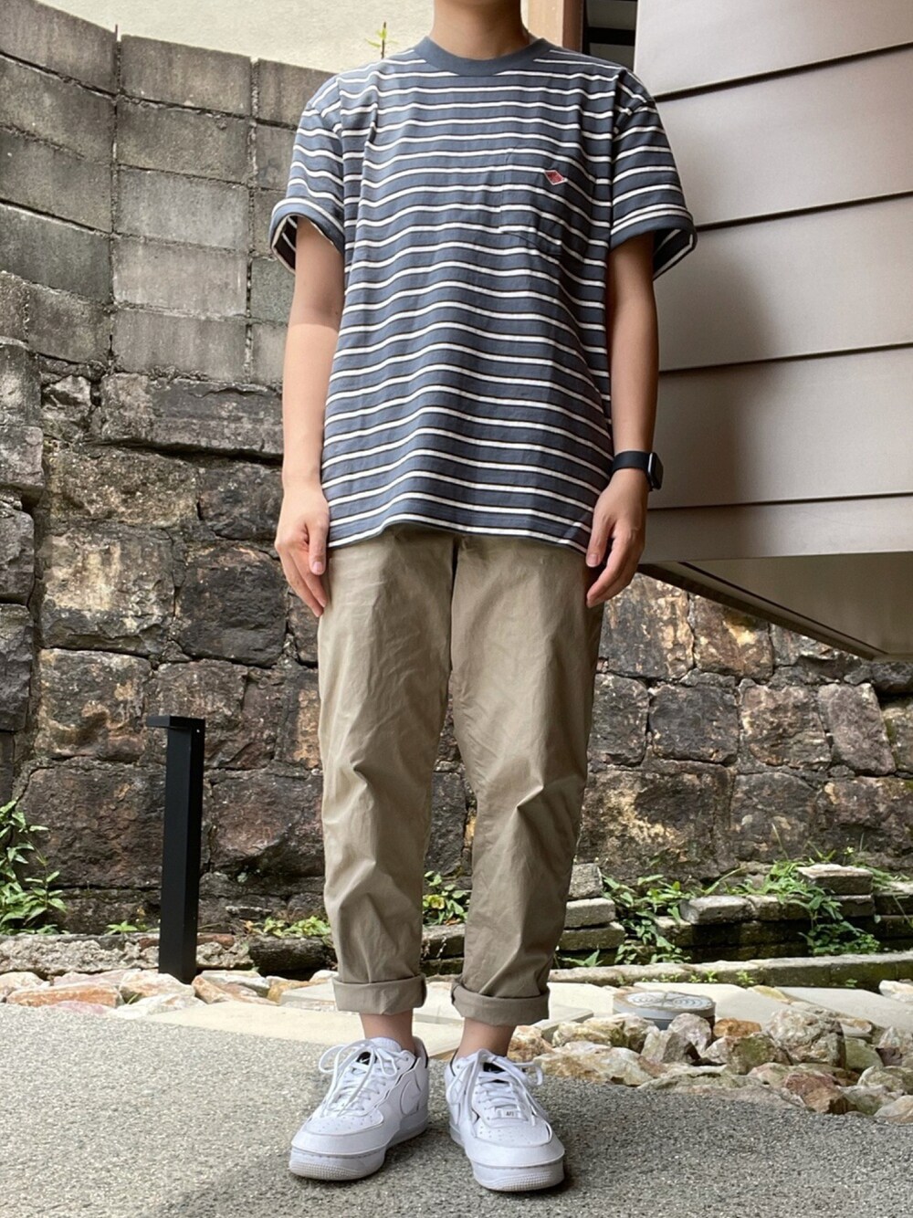 「ボーダー、低身長、ゆるコーデ、くすみカラー、夏コーデ、今日のコーデ、ootd、Danton、BEAMS、いいね、save、フォローお願いします🤑」｜「UNIQLOのコットンリラックスアンクルパンツ（その他パンツ、ベージュ系）」を使った、angen さん（メンズ・157cm）の夏コーディネートの1枚目の写真