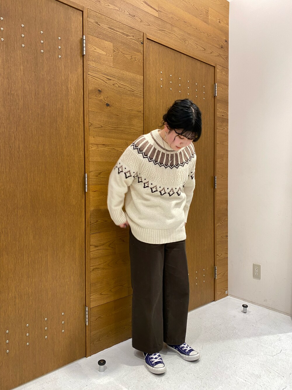 「ニット、ビッグシルエット、ケーブルニット、ノルディック柄、リラックススタイル、今日のコーデ、秋コーデ、秋冬コーデ、ニット/セーター」｜「NOMBRE IMPAIRのシェットランド　ノルディックニット（ニット/セーター、ホワイト系）」を使った、kunisada.さん（レディース・160cm）の秋コーディネートの1枚目の写真