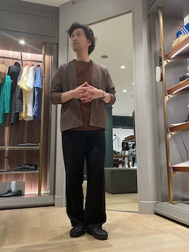 「MEN'S BIGI（メンズビギ）のトリッカーカラミ ノーカラーカーディガン（カーディガン/ボレロ、ブラウン系）」を使った、2ndbmさん（メンズ・174cm）の夏コーディネート
