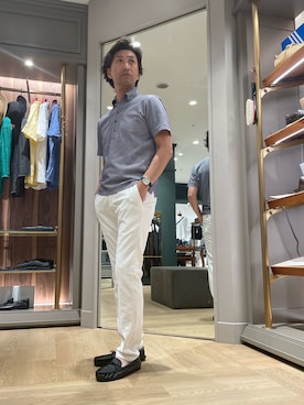 「MEN'S BIGI（メンズビギ）の【ACTIVE TAILOR】ニットサッカーポロシャツ<COOL MAX/吸水速乾>（ポロシャツ、ブルー系）」を使った、2ndbmさん（メンズ・174cm）の夏コーディネート