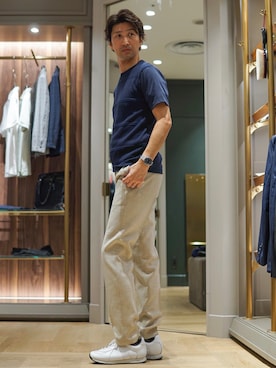 「アイテム（スラックス、ベージュ系）」を使った、2ndbmさん（メンズ・174cm）の夏コーディネート