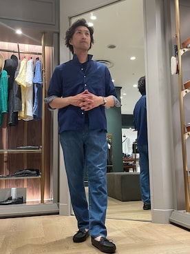 「MEN'S BIGI（メンズビギ）のストレッチサッカー七分袖シャツ＜ストレッチ/通気性＞（シャツ/ブラウス、ブルー系）」を使った、2ndbmさん（メンズ・174cm）の夏コーディネート