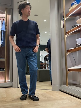 「MEN'S BIGI（メンズビギ）のサマーニットコンビVネック半袖Tシャツ（Tシャツ/カットソー、ブルー系）」を使った、2ndbmさん（メンズ・174cm）の夏コーディネート