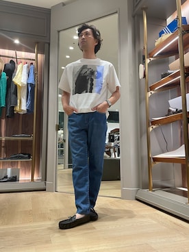 「MEN'S BIGI（メンズビギ）の【THE FASCINATED/ザ ファシネイテッド】コラボ サボテンブルーグラフィックTシャツ（Tシャツ/カットソー、ホワイト系）」を使った、2ndbmさん（メンズ・174cm）の夏コーディネート