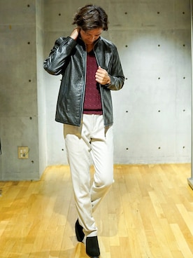 「アイテム（ライダースジャケット）」を使った、2ndbmさん（メンズ・174cm）の秋コーディネート