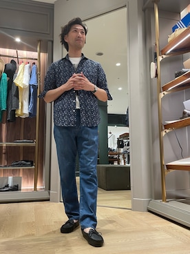 「MEN'S BIGI（メンズビギ）の千鳥格子xフラワープリント七分袖シャツ＜吸水速乾、ストレッチ＞（シャツ/ブラウス、ブルー系）」を使った、2ndbmさん（メンズ・174cm）の夏コーディネート