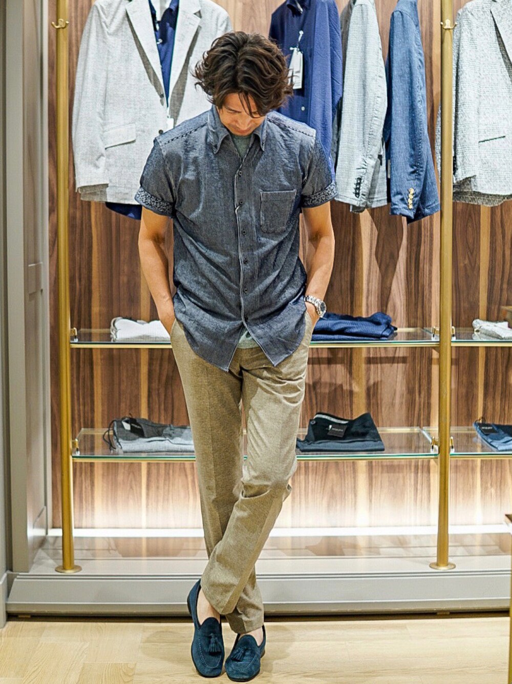 「オトナカジュアル、おしゃれさんと繋がりたい、シンプル」｜「MEN'S BIGIの【COOL DOTS】メランジプリントパンツ（その他パンツ、ベージュ系）」を使った、2ndbmさん（メンズ・174cm）の夏コーディネートの1枚目の写真