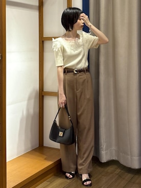 「VIS（ビス）の【180℃美人見え】ハンドルリボンワンショルダーバッグ（ショルダーバッグ、ブラック系）」を使った、ayameさん（レディース・155cm）の夏コーディネート