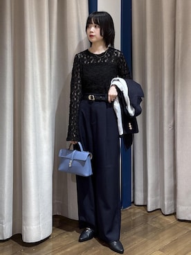 「VIS（ビス）の18mm幅ニュアンス変形ベルト（ベルト、ブラック系）」を使った、ayameさん（レディース・155cm）の秋コーディネート