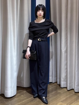 「VIS（ビス）のクロコ・スエードひねり金具ワンハンドルバッグ/2WAY（ハンドバッグ、ブラック系）」を使った、ayameさん（レディース・155cm）の秋コーディネート