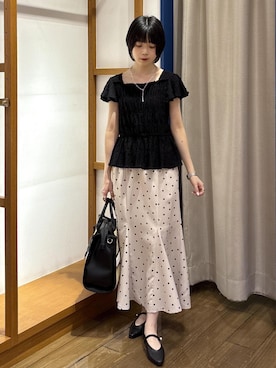 「Juze（ジュゼ）のパールメリージェーンパンプス/バブーシュ（パンプス、ブラック系）」を使った、ayameさん（レディース・155cm）の夏コーディネート