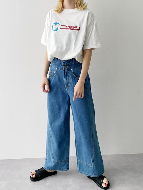 ハイウエストオーバーラップワイドデニムパンツ（デニムパンツ
