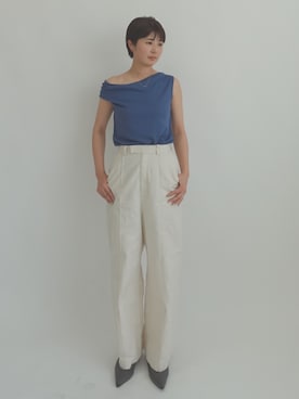 「OUR WACOAL（アワワコール）のカップ付きアシンメトリートップス　ノンワイヤー（T Shirts、ブルー系）」を使った、OURWACOALさん（レディース）の夏コーディネート