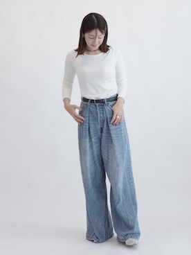 「OUR WACOAL（アワワコール）のカップ付きボートネックトップス（Tシャツ/カットソー、ホワイト系）」を使った、OURWACOALさん（レディース・164cm）の秋コーディネート
