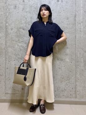 「E'POR（エポール）の【E'POR】BOAT BAG Medium/撥水・軽量・26SS新色（Tote、ベージュ系）」を使った、SAORIさん（レディース）の夏コーディネート