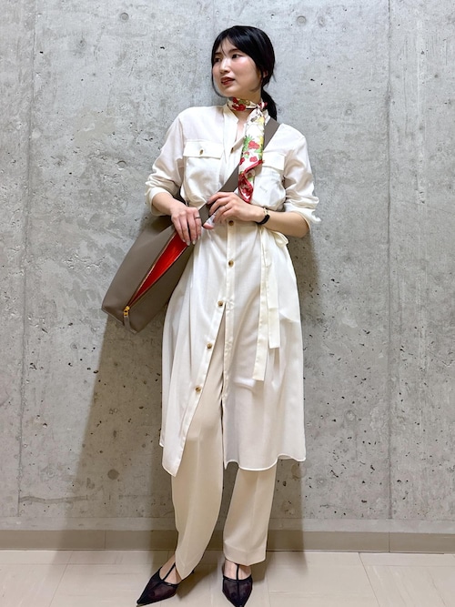 美品●100%リネン【洗える】太ベルト付き サファリシャツドレス セール】【洗える】サファリシャツドレス（シャツワンピース