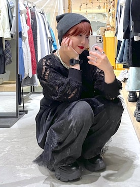 「PAGEBOY（ページボーイ）のレースアップソックスブーツ（ブーツ、ブラック系）」を使った、Natsukii/나츠키さん（レディース・164cm）の春コーディネート