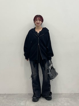 「PAGEBOY（ページボーイ）のレースUPフレアデニム【ZOZO限定/2サイズ展開】（デニムパンツ、ブラック系）」を使った、Natsukii/나츠키さん（レディース・164cm）の夏コーディネート