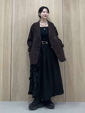「PAGEBOY（ページボーイ）のラインフリンジティアードスカート/フリルスカート【ウエストゴム・ストレスフリー】（スカート）」を使った、Natsukii/나츠키さん（レディース・164cm）の秋コーディネート