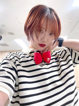「PAGEBOY（ページボーイ）の【名探偵コナン】コナンフェイスポロシャツ（ポロシャツ、ホワイト系）」を使った、Natsukii/나츠키さん（レディース・164cm）の春コーディネート