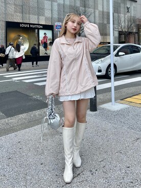 「アイテム（マウンテンパーカー、ピンク系）」を使った、nonokaさん（レディース・166cm）の冬コーディネート