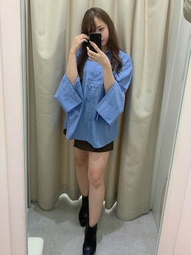 「one after another NICE CLAUP(ワンアフターアナザーナイスクラップ)の【ZOZO先行販売】マルチWAYロングシャツ(シャツ/ブラウス、ブルー系)」を使った、ゆみなさん(レディース・158cm)の秋コーディネート