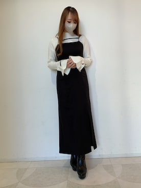「one after another NICE CLAUP(ワンアフターアナザーナイスクラップ)の【お気に入り登録数6.9万人突破】Iラインスリットキャミワンピース(ワンピース、ブラック系)」を使った、ゆみなさん(レディース・158cm)の秋コーディネート