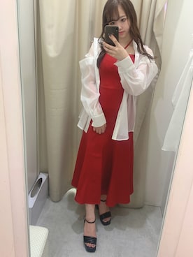 「one after another NICE CLAUP(ワンアフターアナザーナイスクラップ)のフロントスリットキャミワンピース(ワンピース、レッド系)」を使った、ゆみなさん(レディース・158cm)の夏コーディネート