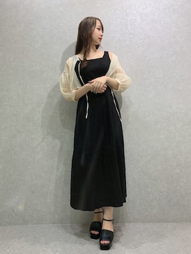 「one after another NICE CLAUP(ワンアフターアナザーナイスクラップ)のノースリーブワンピース 前後2wayブラウスセット(ワンピース、ブラック系)」を使った、ゆみなさん(レディース・158cm)の夏コーディネート