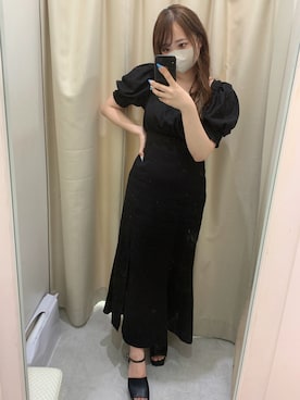 「one after another NICE CLAUP(ワンアフターアナザーナイスクラップ)のリネンスリットカラーロングワンピース(ワンピース、ブラック系)」を使った、ゆみなさん(レディース・158cm)の夏コーディネート