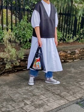 「VACANCY（ヴァカンシー）の【Akari Kuramoto×VACANCY】コラボコラージュイラストマルチトート（トートバッグ）」を使った、ぷりん.さん（レディース・170cm）の夏コーディネート