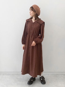 「チェックワンピース」｜「アイテム（ハンチング/ベレー帽）」を使った、あべさん（レディース・156cm）の秋コーディネート
