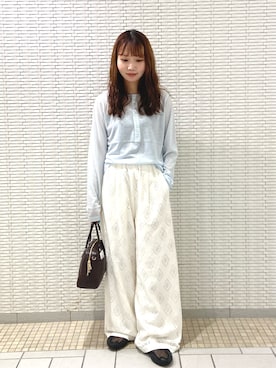 「FORK&SPOON（フォークアンドスプーン）のFORK&SPOON　ウール混ヘンリーネックカットソー（Tシャツ/カットソー、ブルー系）」を使った、mikaさん（レディース・154cm）の秋コーディネート