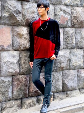 ピアス 両耳用 を使った ワインレッド のメンズ人気ファッションコーディネート Wear