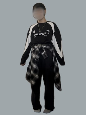 「SHEINのSHEIN LUNE 格子縞プリント ドロップショルダー シャツ 6917257（シャツ/ブラウス、ブラック系）」を使った、*深月.さん（レディース・150cm）の夏コーディネート