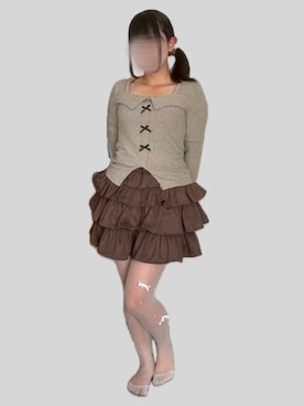 「Miniministore（ミニミニストア）の【26秋冬】リボンニットトップス スクエアネック秋服（Tシャツ/カットソー、ベージュ系）」を使った、*桔梗 深月.さん（レディース・150cm）の秋コーディネート