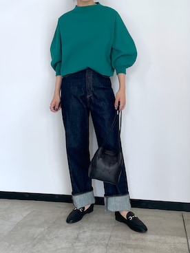 「OUVRAGE CLASSE（ウヴラージュクラス）の15Gホール袖ボリュームPO（ニット/セーター、グリーン系）」を使った、hanaさん（レディース・160cm）の秋コーディネート